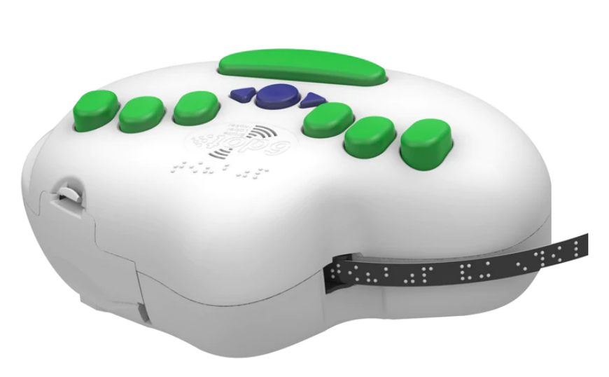 6dot Braille Label Maker with a white body, green buttons, and a black Braille label emerging from the side.