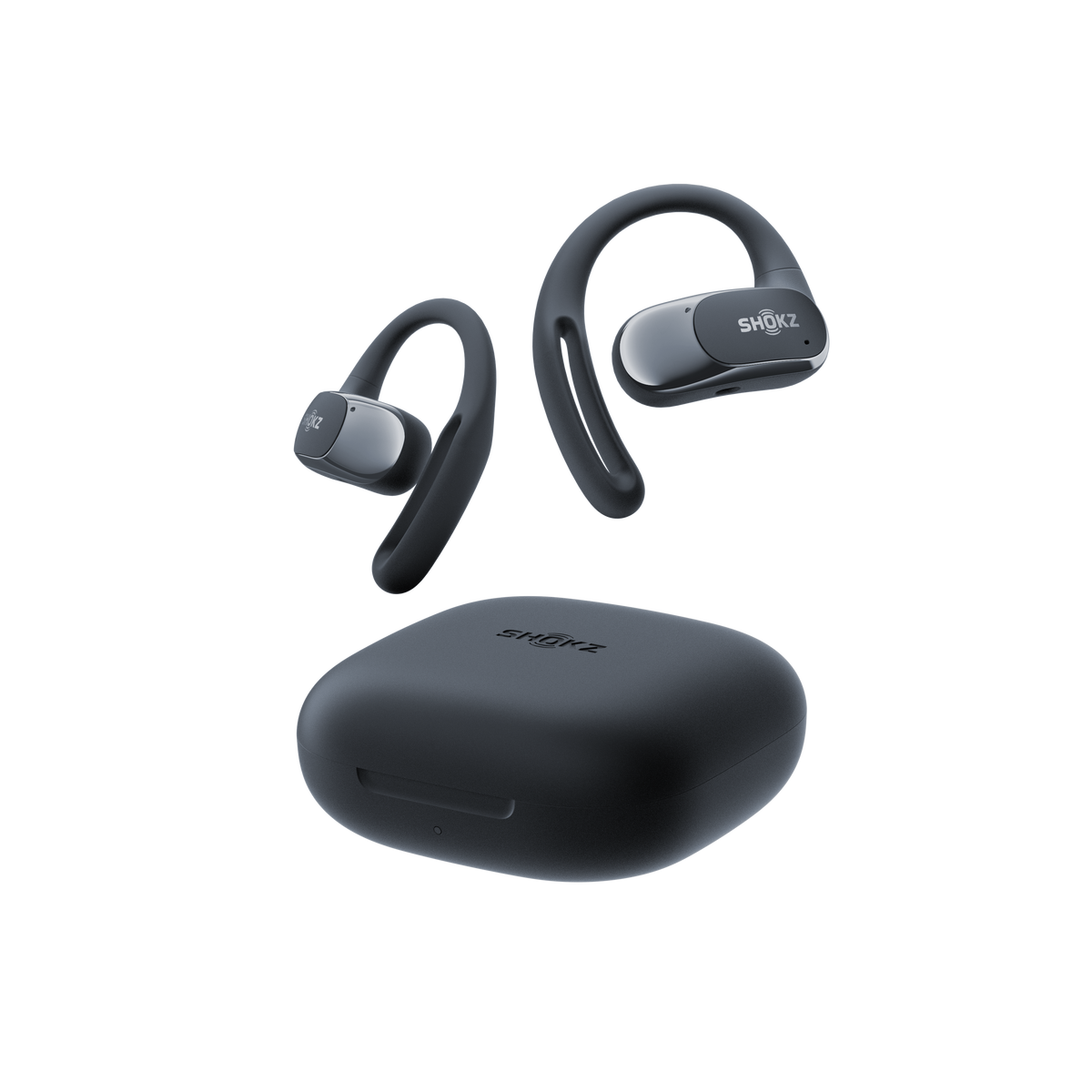 Black Shokz OpenFit Airs with their charging case on a light gray background