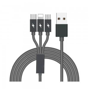 A coiled grey cable. Three connectors are on one end of the cable branching out from a black joint: USB Type-C,, Lightning, and Micro-USB. On the other end of the cable is a single USB Type-A connector with a black casing.