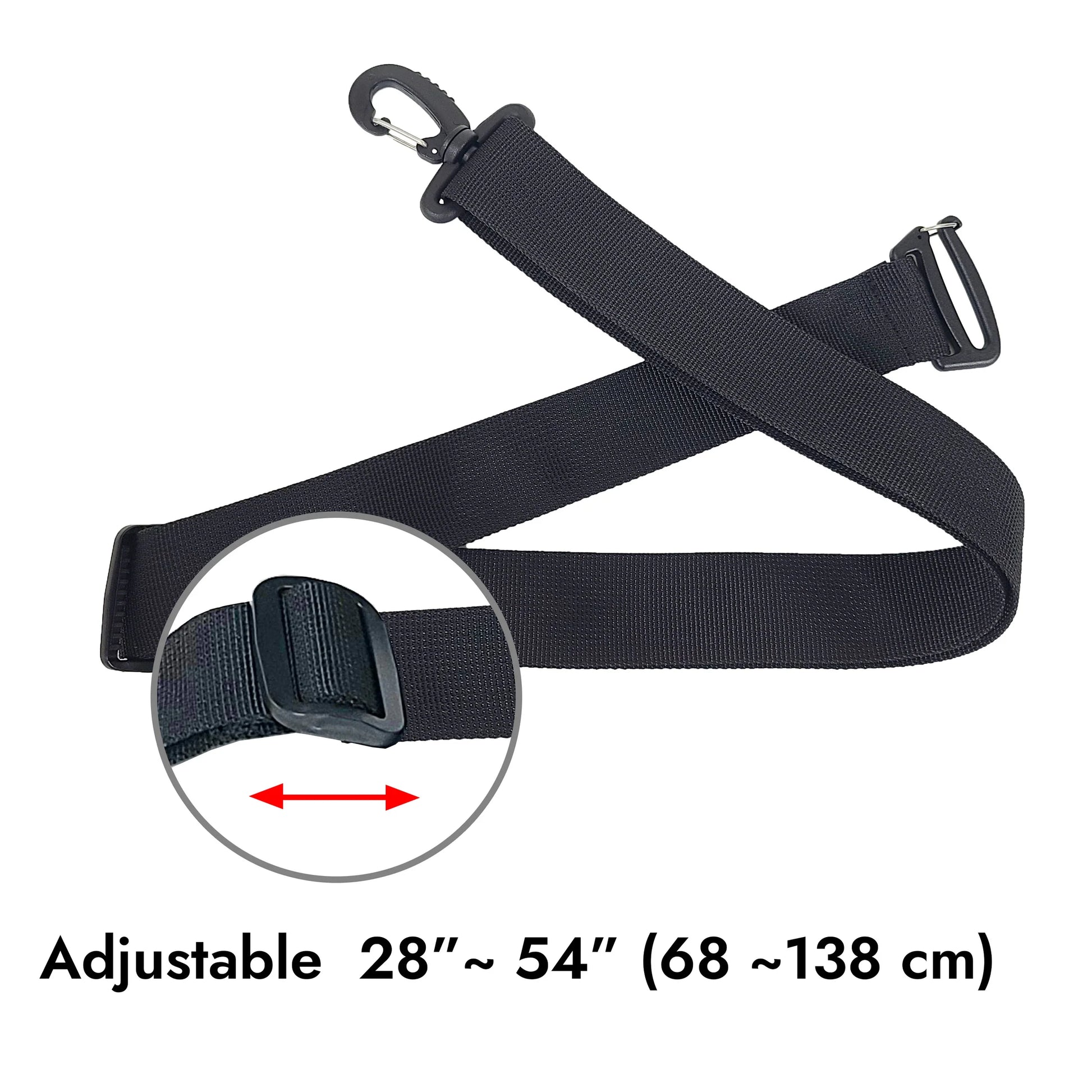 A crossbody strap showing a detail of the adjustable part of it, like a strap on a shoulder bag. Caption reads, "adjustable, 29 - 54 inches, 68 - 138 centimeters"