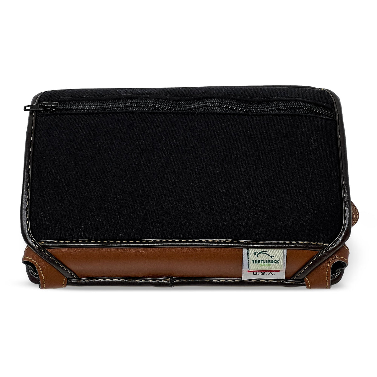 Close-up of the front of the black-and-saddle-brown Brailliant BI 20X case, showing its long fabric zippered pocket and Turtleback USA label.