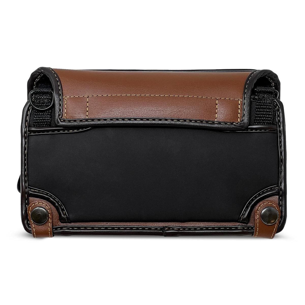 Back of the Brailliant BI 20X saddle-brown case with central black leather panel, snap-fastened brown corners and padded brown carrying handle.