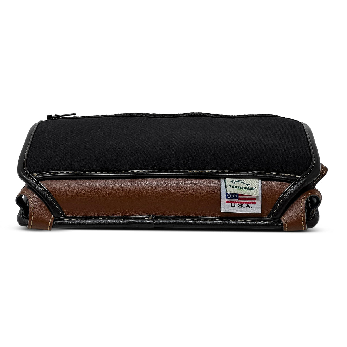 Lower edge of the black-and-brown Brailliant BI 20X case showing stitched brown leather trim beneath a black fabric flap and Turtleback label.