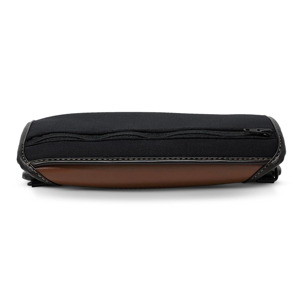 Closed front edge of the Brailliant BI 20X saddle-brown case showing the horizontal zippered pocket, brown leather panel and curved black trim.
