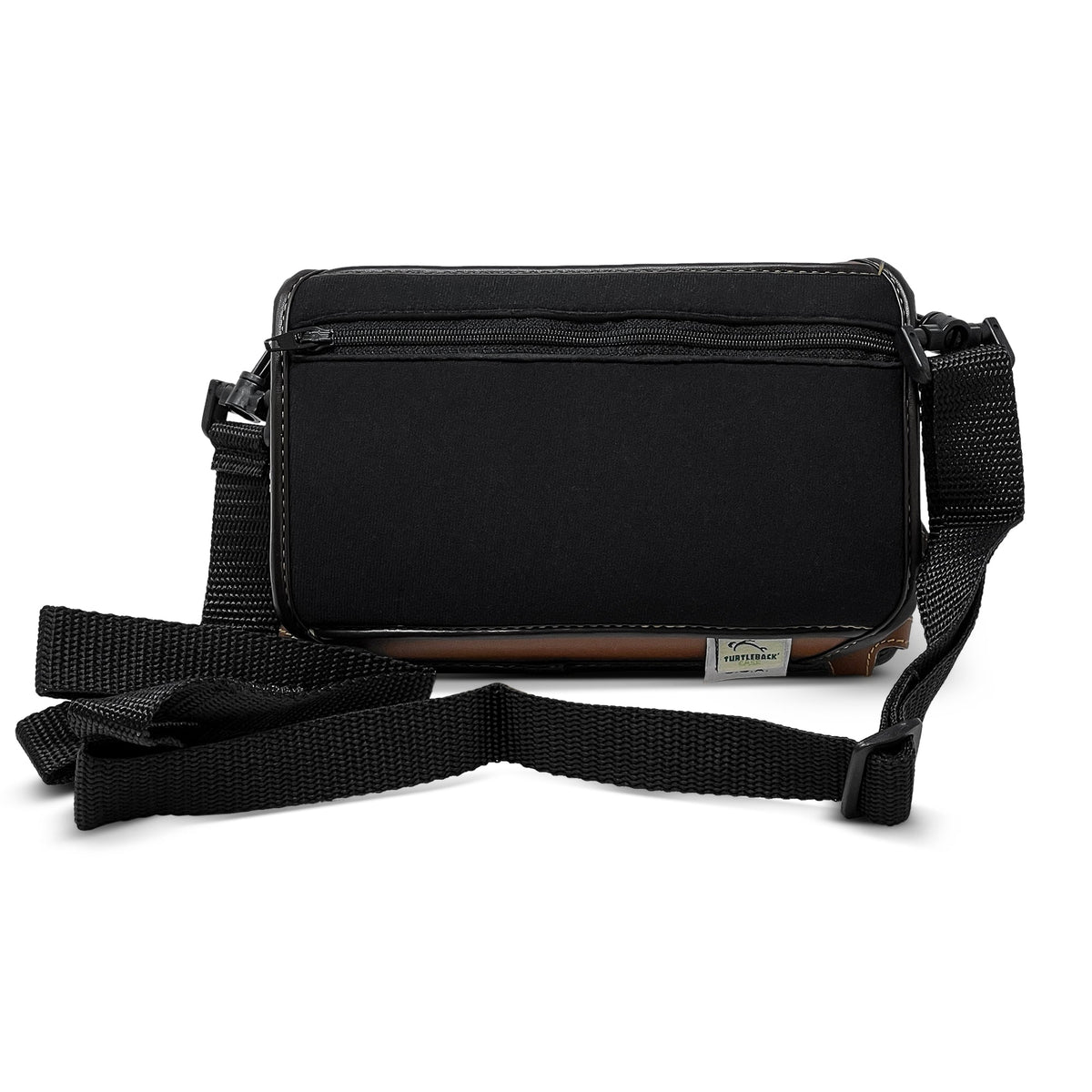 Limited-edition saddle-brown Brailliant BI 20X Turtleback case with black zippered accessory pocket and adjustable shoulder strap spread in front.