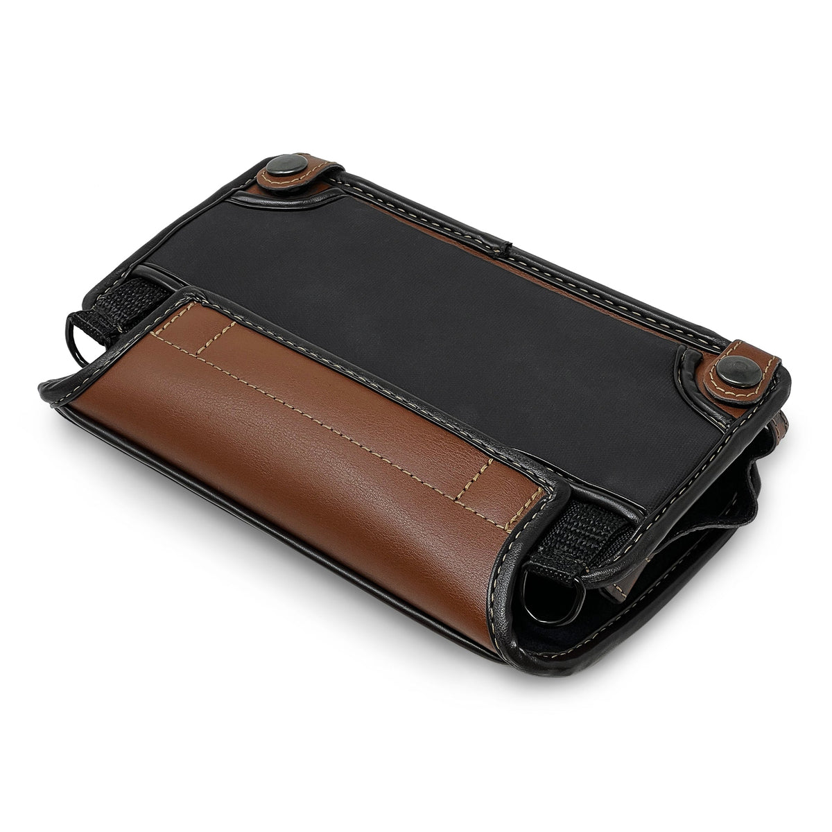Angled back of the saddle-brown Brailliant BI 20X case with stitched hand grip, black center panel and two snap-fastened corners.
