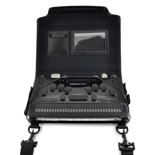 BrailleSense Polaris in open black Turtleback fitted case, with braille keyboard and display exposed beneath a flap containing card and clear ID pockets.