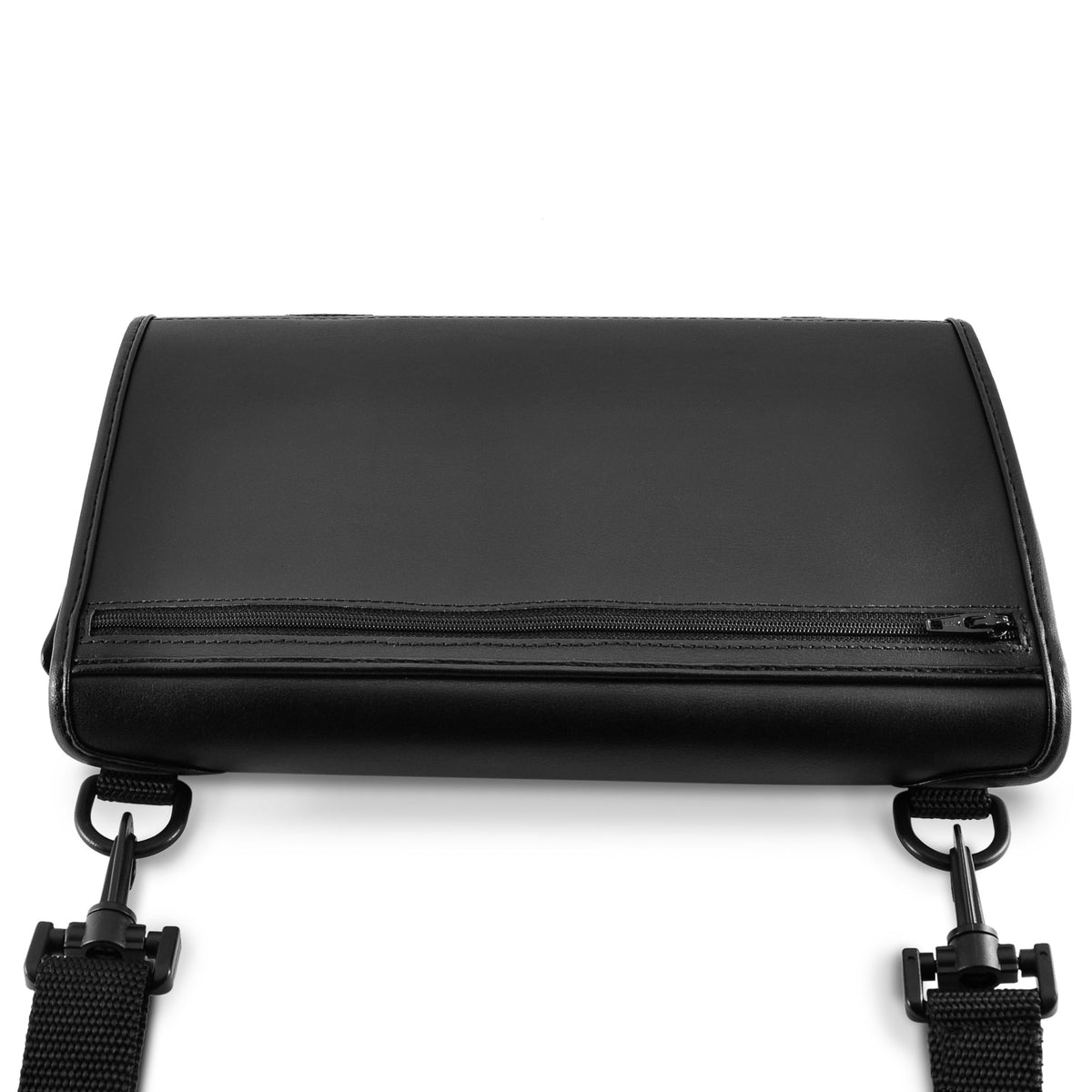 Closed BrailleSense Polaris black leather case showing the full-width zippered accessory pocket and two hanging carrying strap clips.