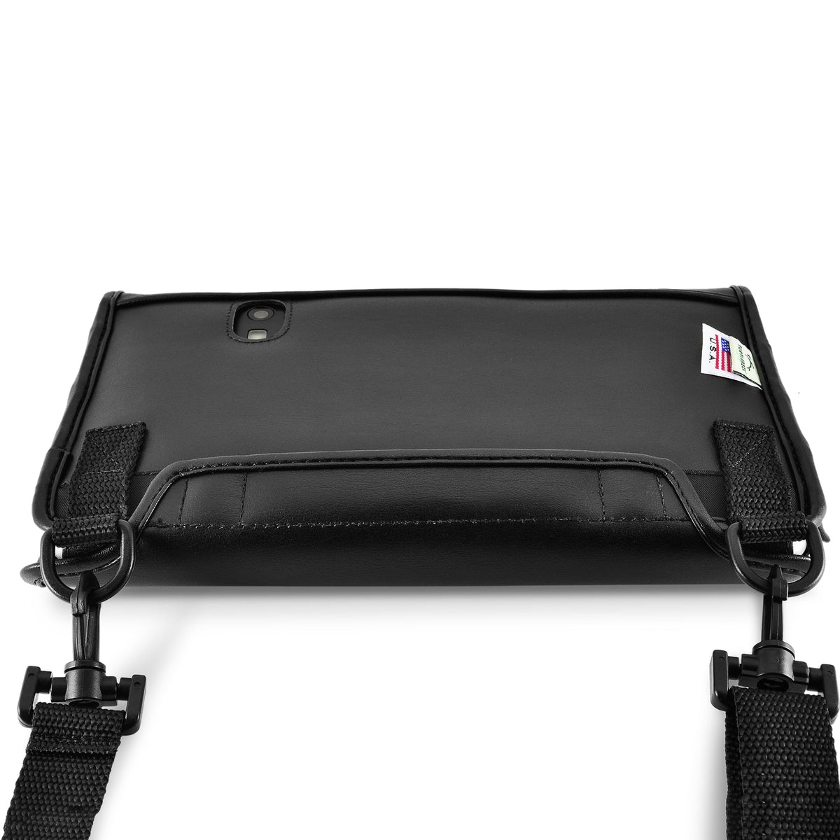 Back of the BrailleSense Polaris case with padded carrying grip, shoulder strap attachments and a cutout for the device's rear camera.