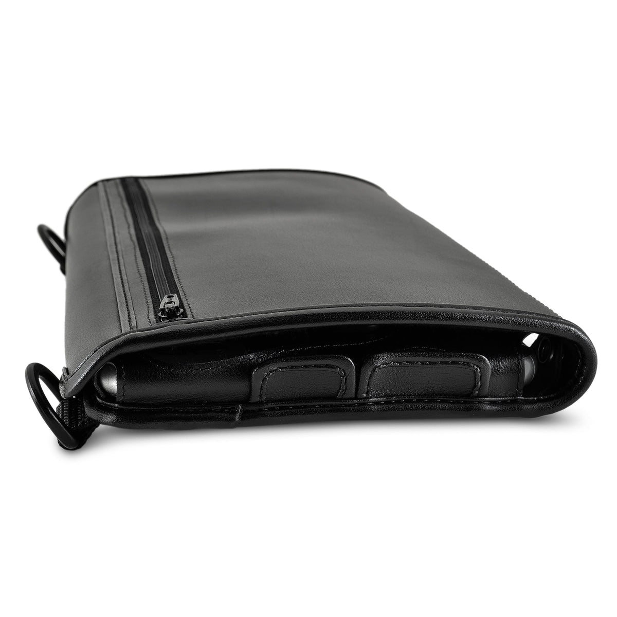 Side view of closed BrailleSense Polaris case with zippered front pocket and protective edge openings for device controls.