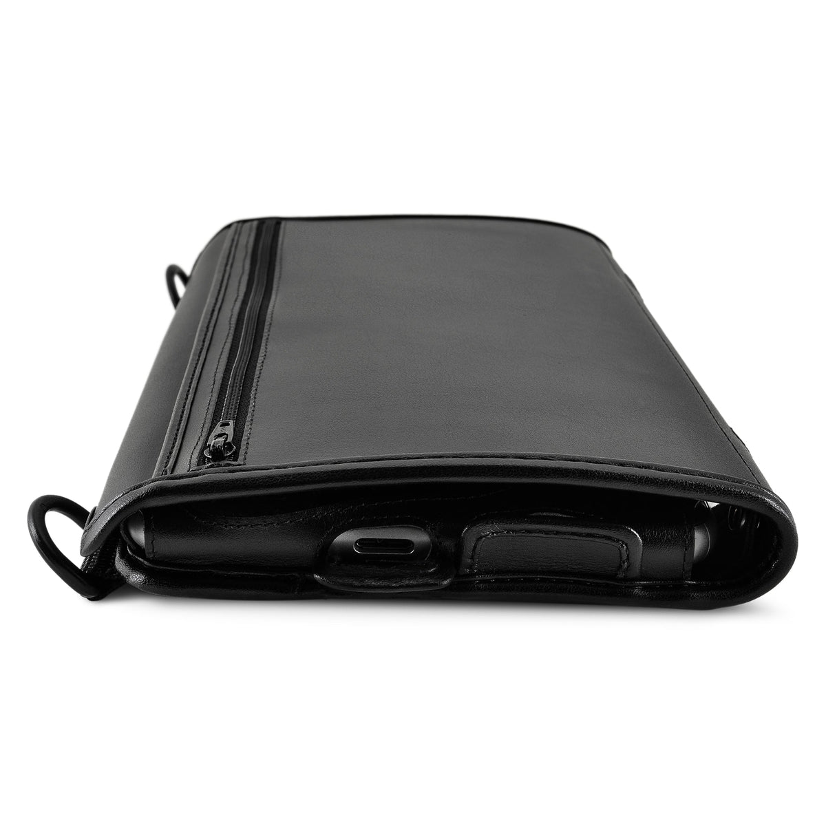 Opposite edge of the Polaris case showing a USB-C port accessible beneath the leather cover.