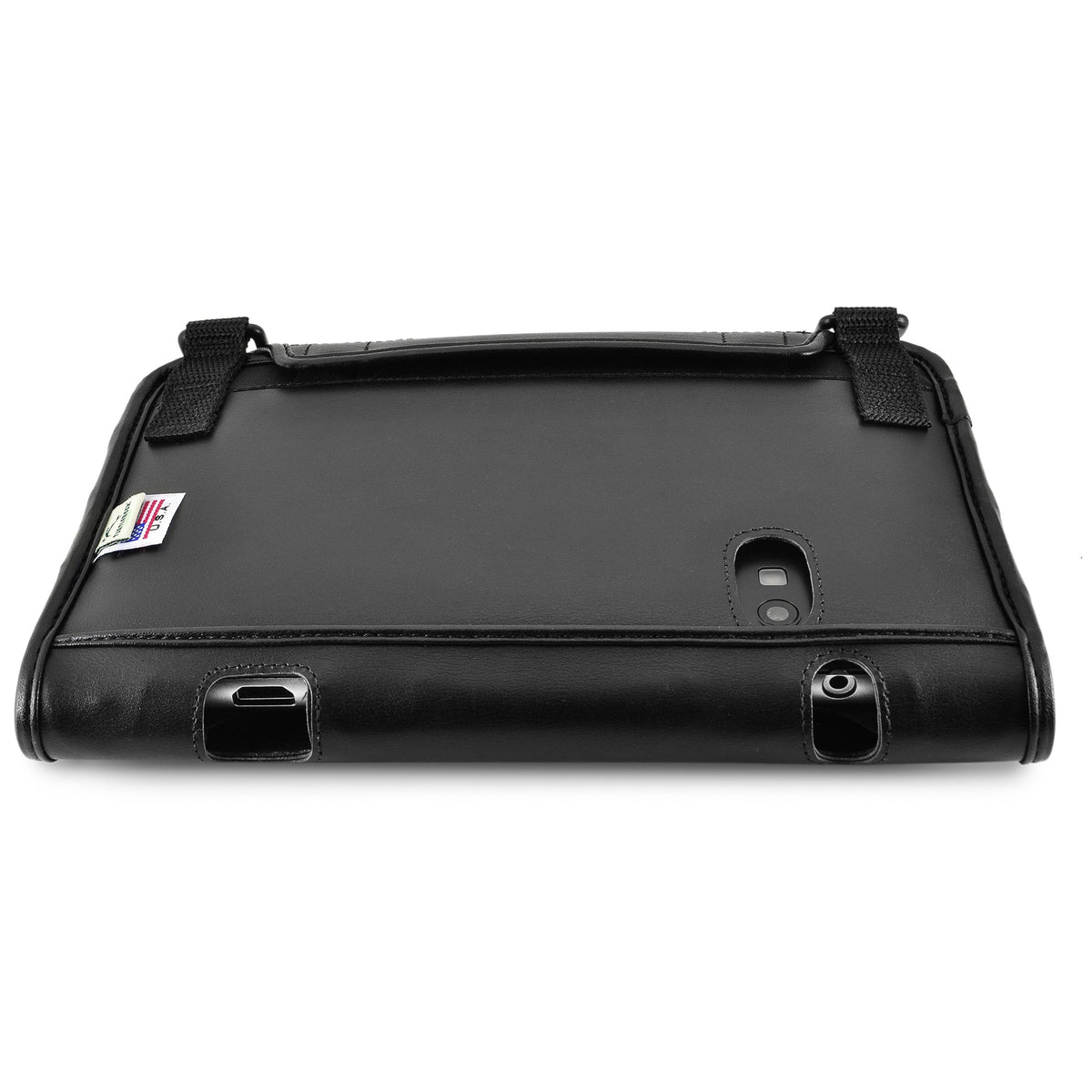 Bottom view of the BrailleSense Polaris fitted case showing device ports through the leather cutouts, carrying loops and camera opening.