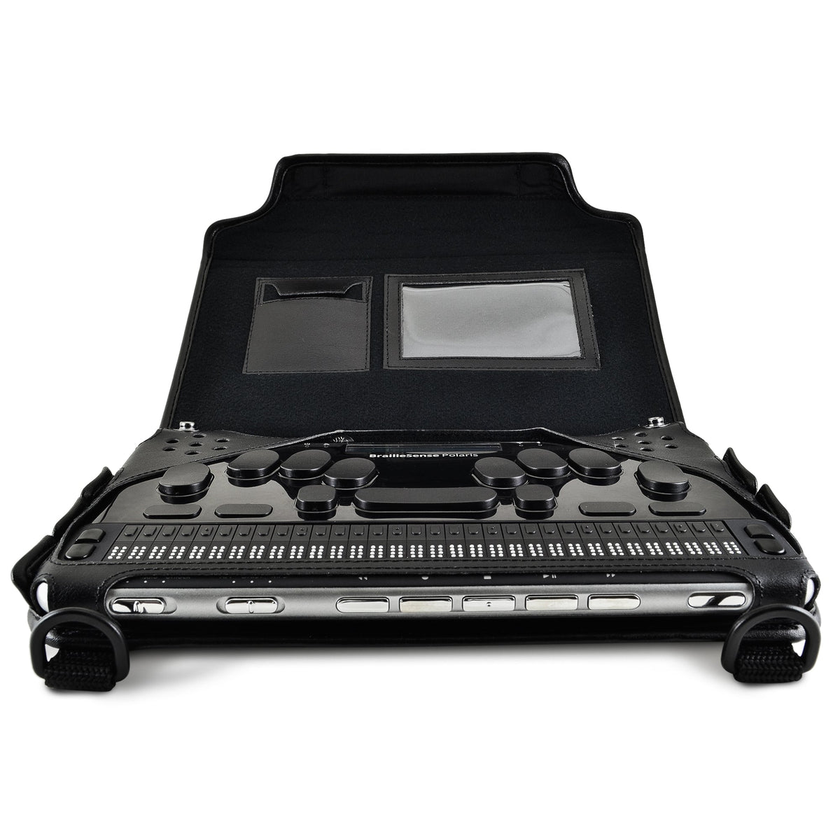 Front view of BrailleSense Polaris in its open carrying case with the flap raised to reveal a small card pocket and clear plastic identification window.