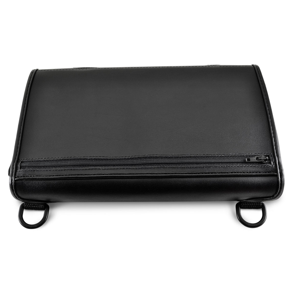 Closed front view of the BrailleSense Polaris fitted case showing the horizontal zipper and two metal strap rings.