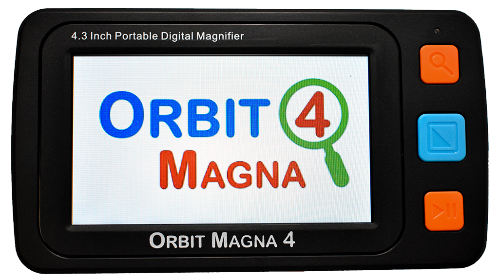 Front view of the Orbit Magna 4 digital magnifier, with a screen displaying the logo, and three large tactile control buttons—two orange and one blue—on the right side of the device.