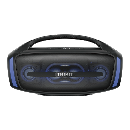 "Tribit StormBox Blast 2 Bluetooth Speaker featuring a rectangular design with a built-in handle on top for portability. The front grille displays illuminated blue LED lights highlighting the dual woofers and tweeters. Control buttons, including power, Bluetooth, volume, and playback, are positioned along the top. The Tribit logo is prominently displayed on a horizontal bar across the grille, complemented by sleek lighting effects on the sides for a modern, party-ready appearance."