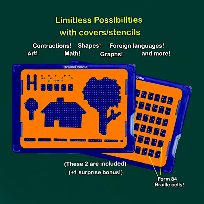 Two BrailleDoodles stacked on top of each other with the words limitless possibilities with stencils including contractions, shapes, foreign languages, art, math, graphs, and more. The picture on top has the doodle side with the cover to make the picture described with the girl with the house and the trees. The BrailleDoodle below has a cover with lines of braille cells. Words say, form 84 braille cells!