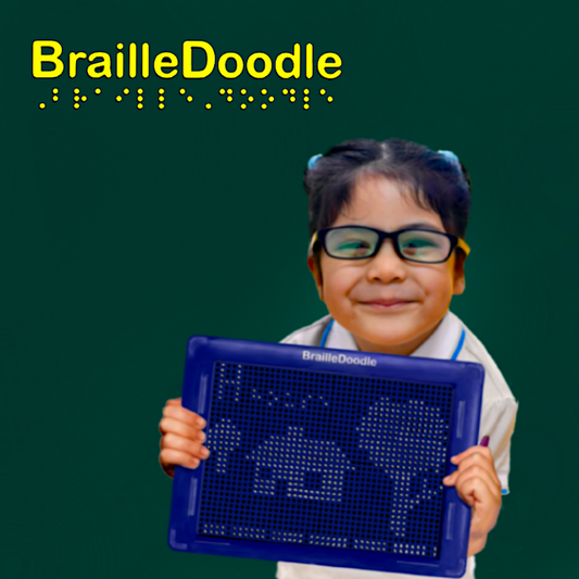 The name "BrailleDoodle" is prominently displayed in large, bold yellow text in the center of the image, just below the tagline. Below this name, the word "BrailleDoodle" is also written in Braille, represented by raised dots. To the right of the product name, a smiling child with dark hair tied in two pigtails is holding the BrailleDoodle device. The child is wearing glasses with thick black frames, a white shirt, and appears to be very happy.