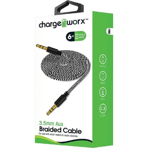 a coiled, black and white zigzag-patterned, braided 3.5mm aux cable in a box.