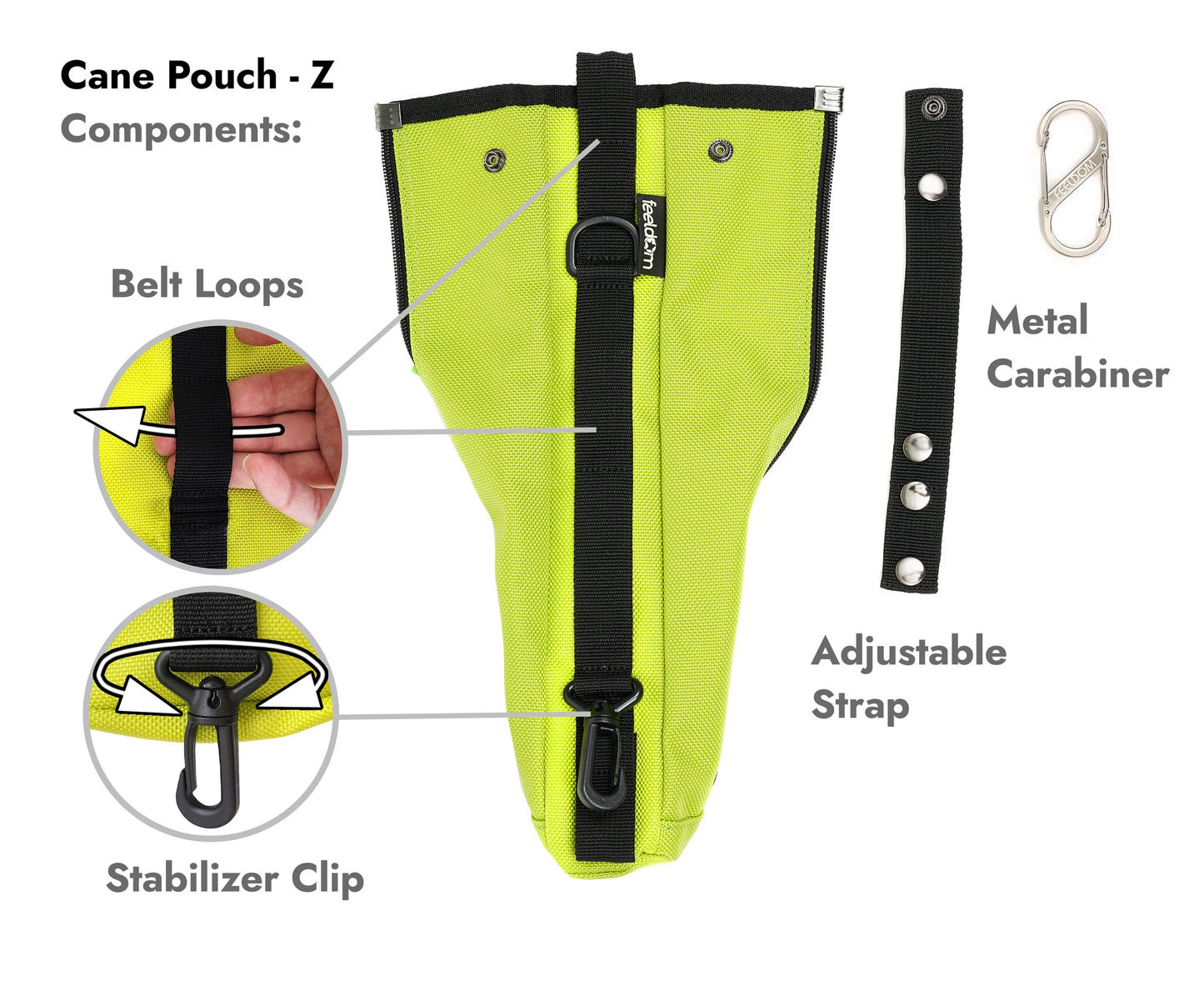 Details of the Cane Pouch: Belt loops on the back, Stabilizer clip along the bottom edge, an adjustable strap that is removable with snaps, and a metal S-shaped carabiner
