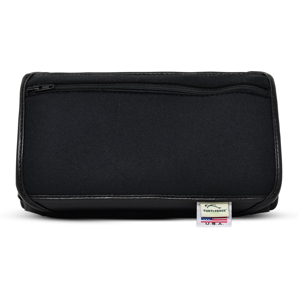 Closed Brailliant BI 20X black fitted case, showing the wide fabric zippered accessory pocket and Turtleback USA label on its edge.