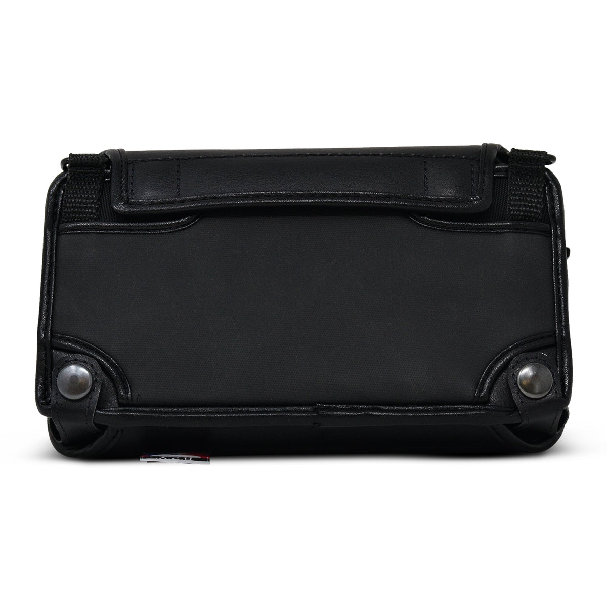 Back view of the closed Brailliant BI 20X case, showing two snap-fastened leather straps and loops for attaching the carrying strap.