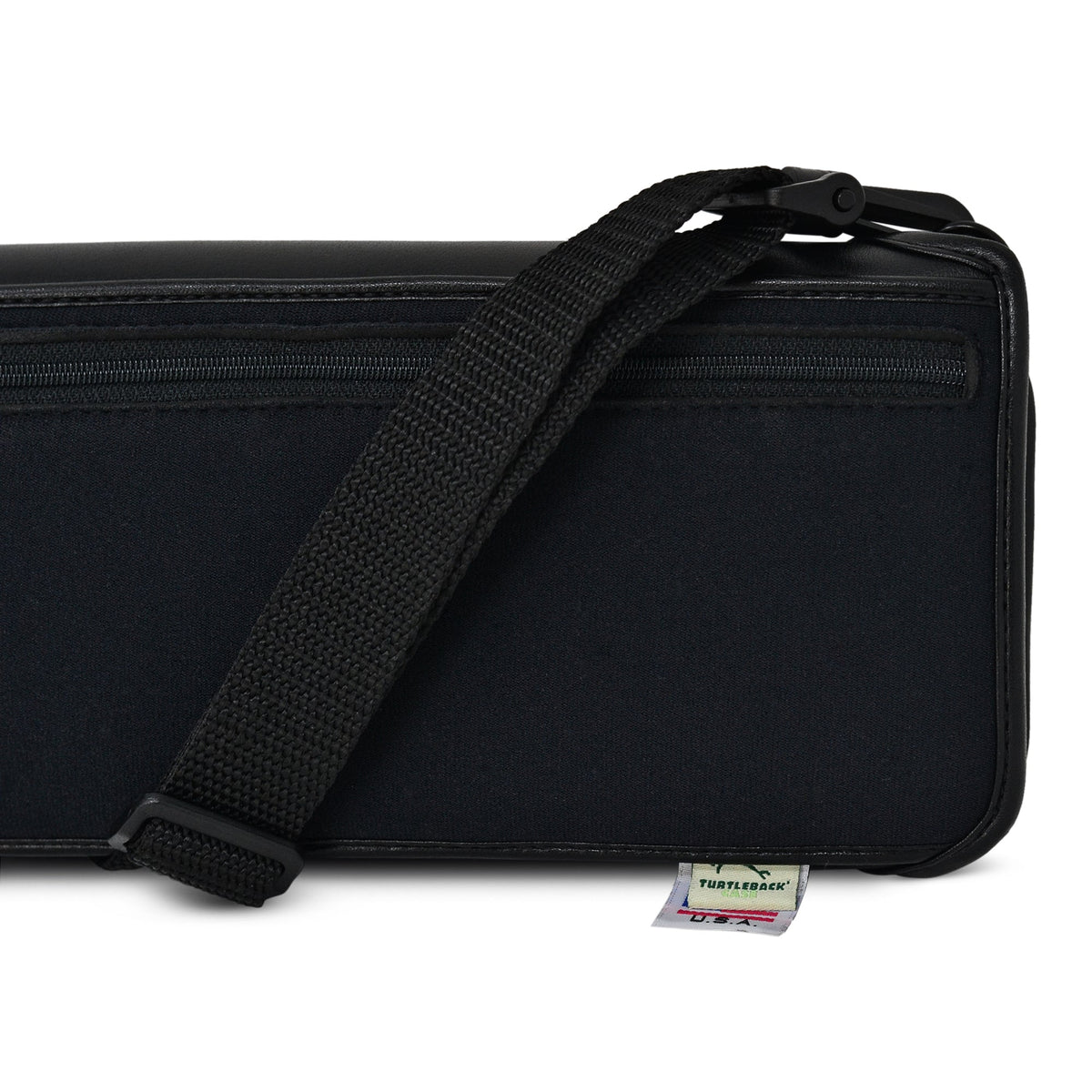 Close-up of the opposite end of the Brailliant BI 40X pouch showing shoulder strap crossing over the zipper and Turtleback USA label.