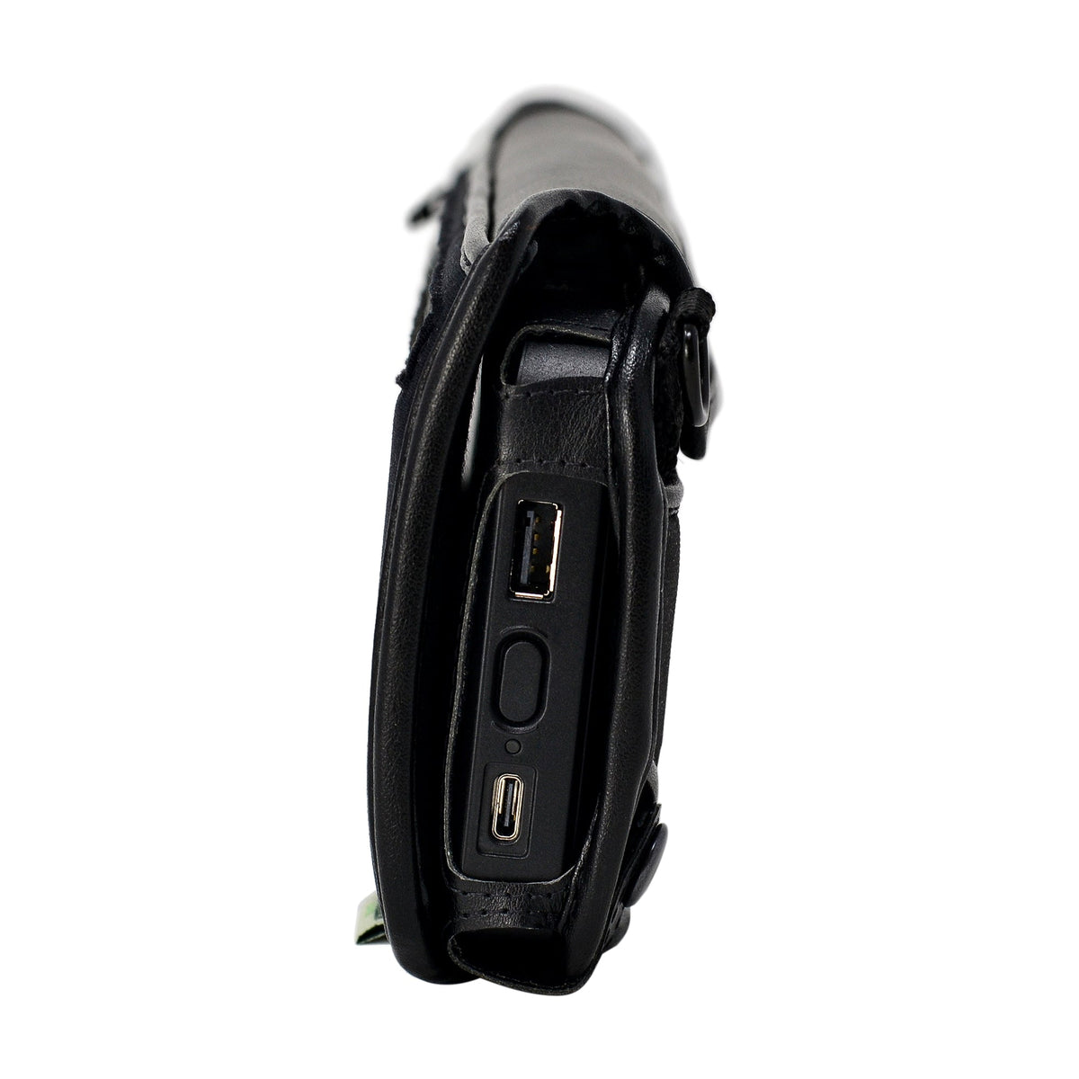 End view of the Brailliant BI 40X case exposing the device's USB-A port, side button and USB-C connector between its protective leather edges.