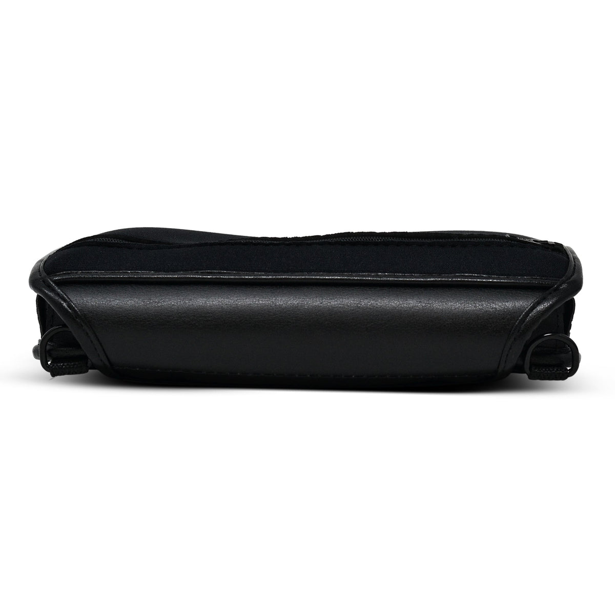 Front edge view of the closed Brailliant BI 20X case, showing rounded leather corners and carrying strap rings.