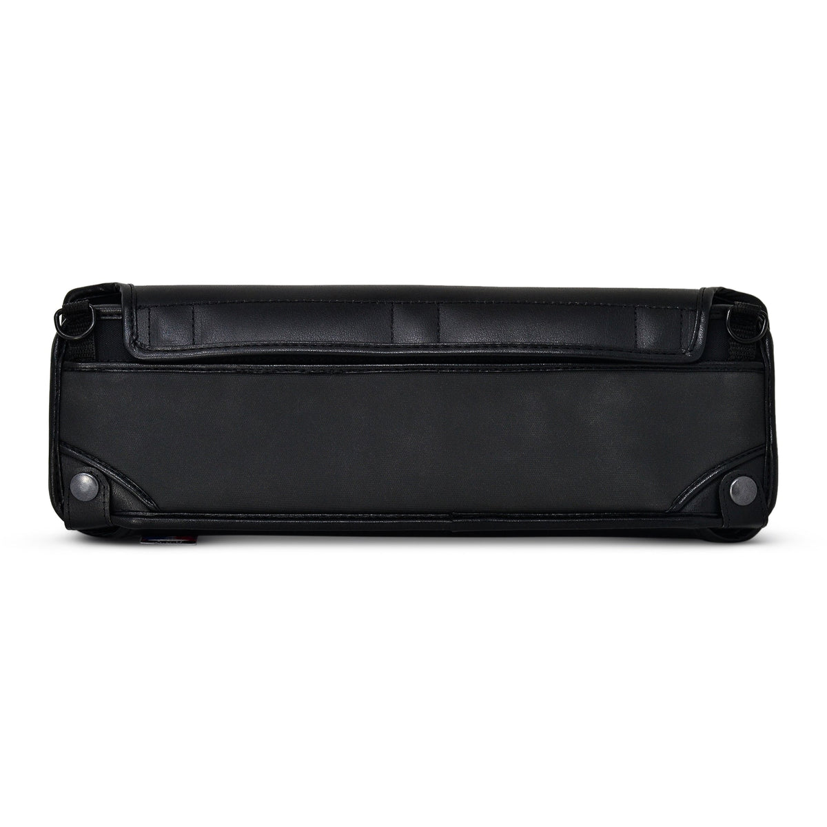 Back of the closed Brailliant BI 40X case showing stitched leather panels, rounded corners and snap fasteners.