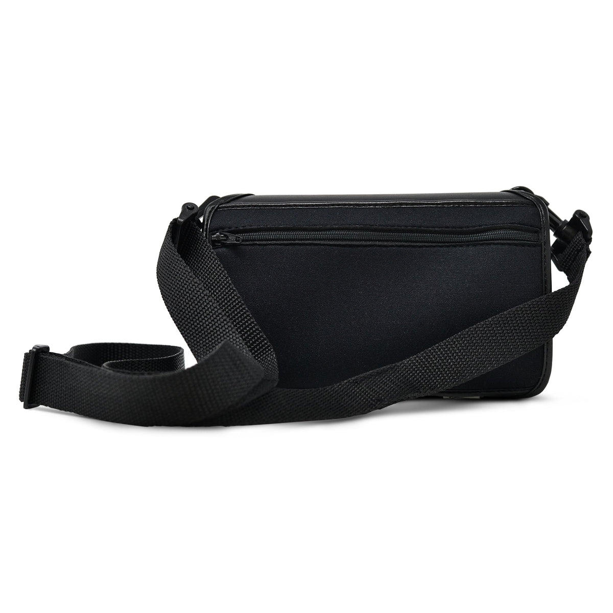 Front of the closed black Brailliant BI 20X carrying case, with a detachable shoulder strap laid across its zippered accessory pocket.