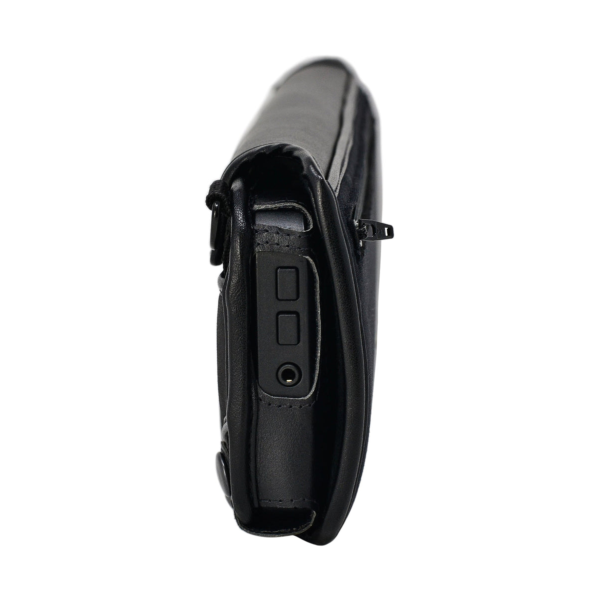 Opposite end of the Brailliant BI 40X fitted case revealing two side buttons and headphone jack through the leather opening.