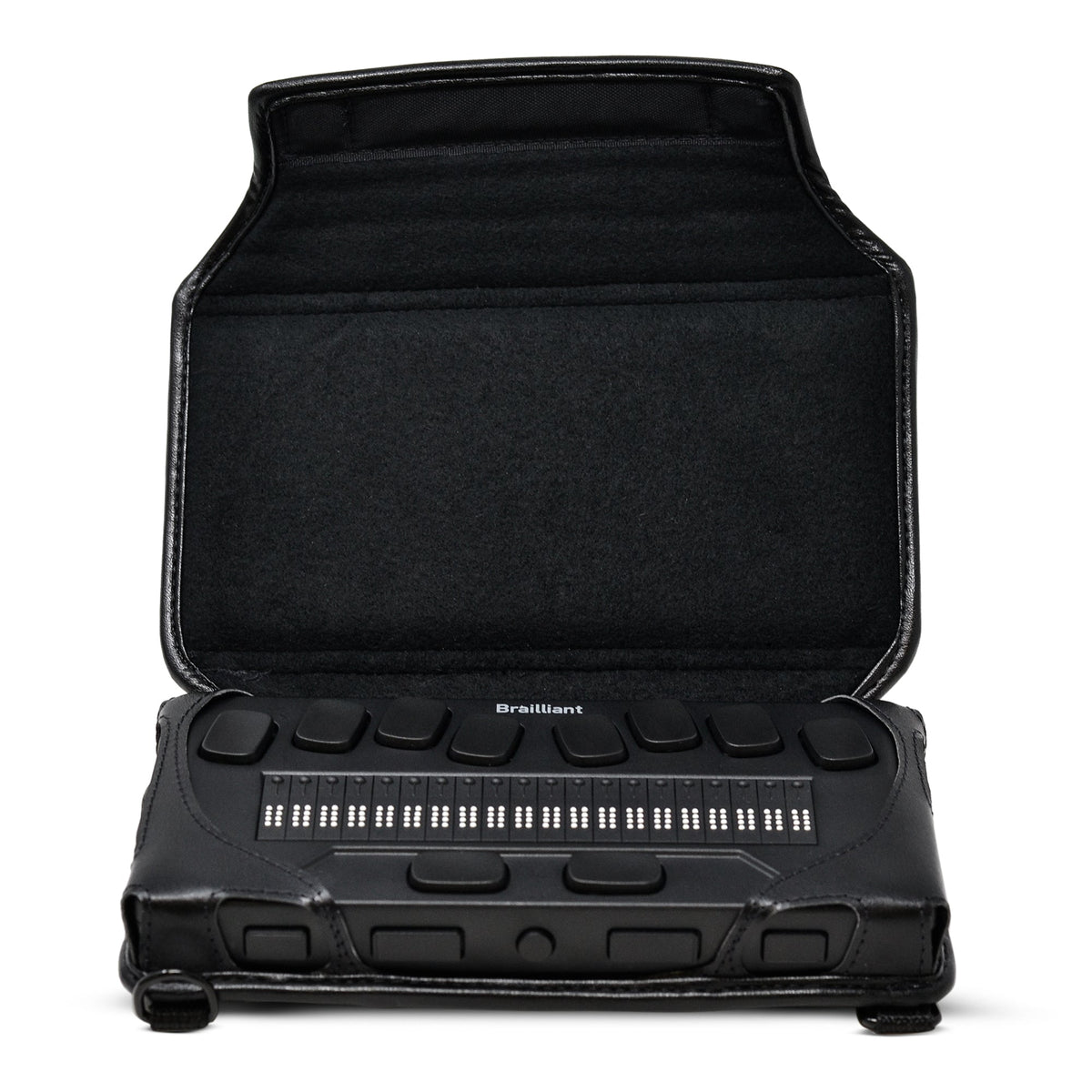 HumanWare Brailliant BI 20X fitted Turtleback case shown open with a 20-cell Brailliant-style braille display seated inside; front buttons and braille cells remain exposed.