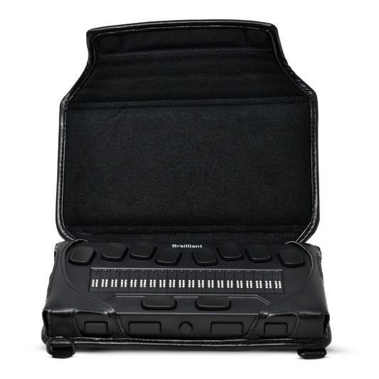 HumanWare Brailliant BI 20X fitted Turtleback case shown open with a 20-cell Brailliant-style braille display seated inside; front buttons and braille cells remain exposed.