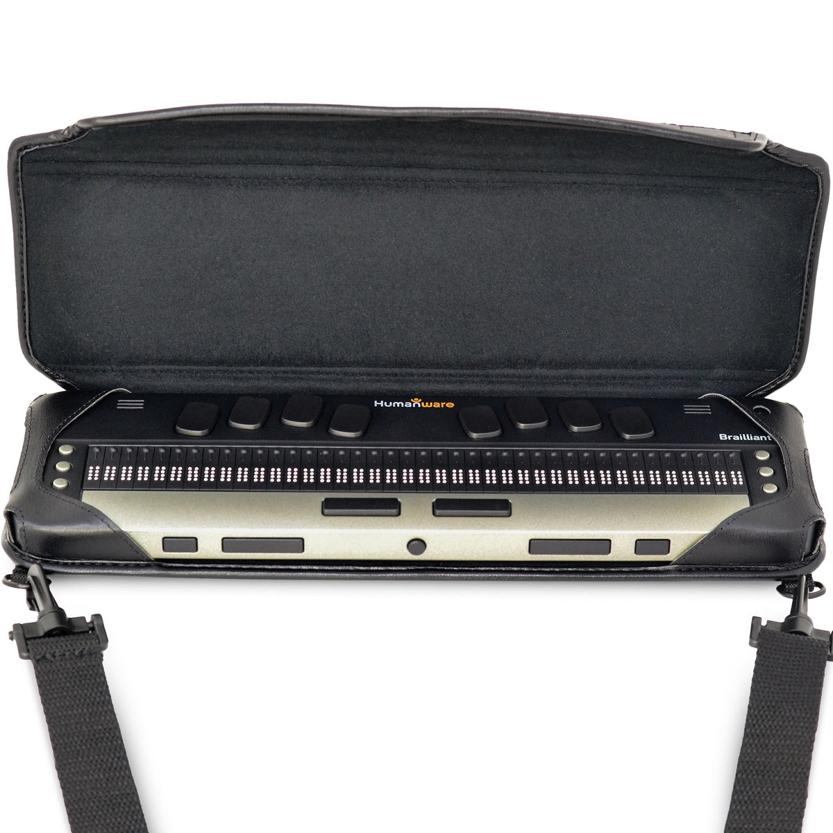 HumanWare Brailliant BI 40X braille display seated in an open black Turtleback case, exposing its 40 braille cells and silver front controls beneath a raised protective cover.