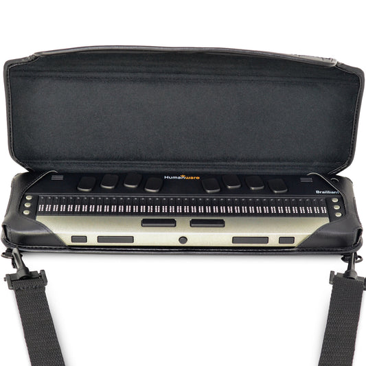HumanWare Brailliant BI 40X braille display seated in an open black Turtleback case, exposing its 40 braille cells and silver front controls beneath a raised protective cover.