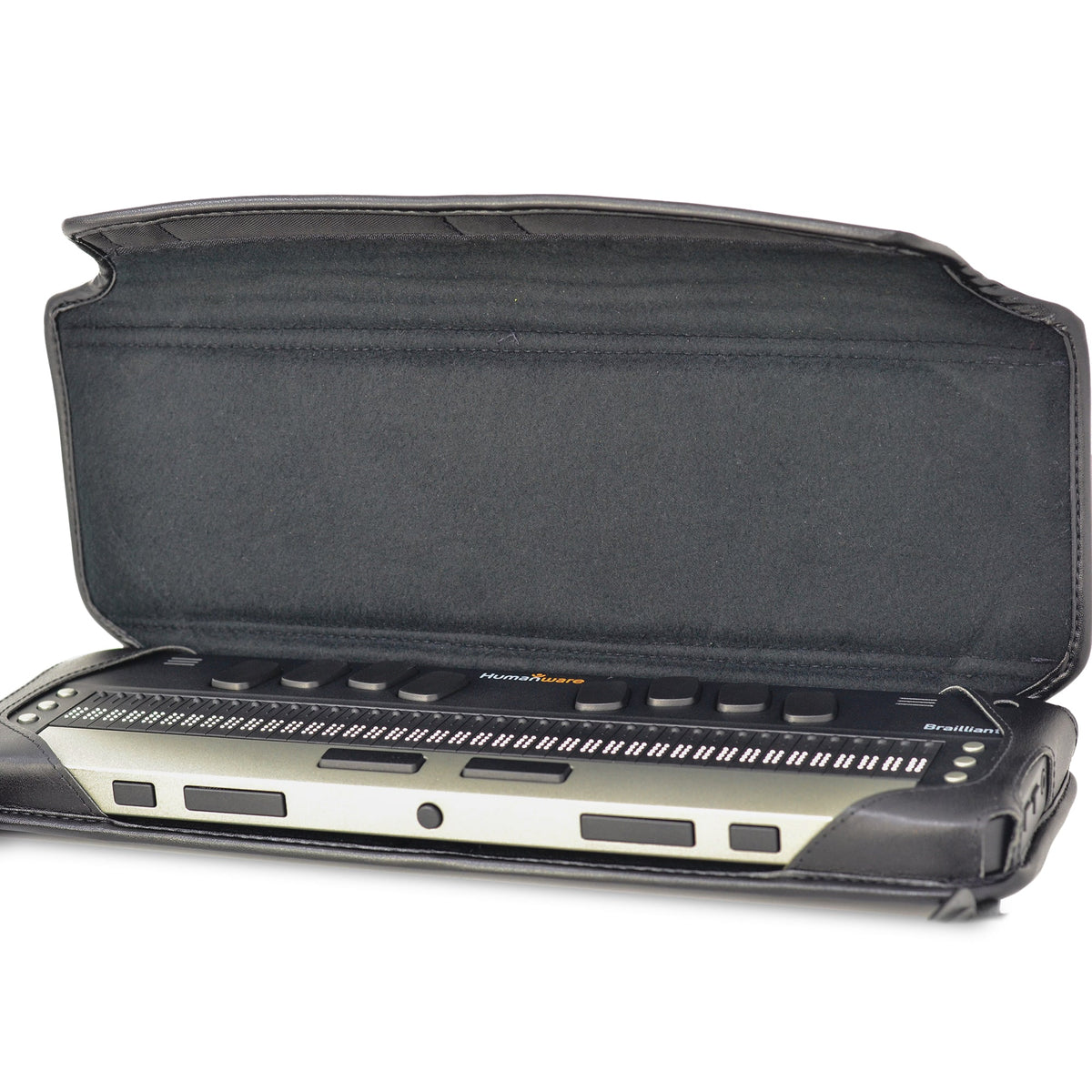 Angled front view of Brailliant BI 40X in its open carrying case with padded flap raised and all braille keys accessible.