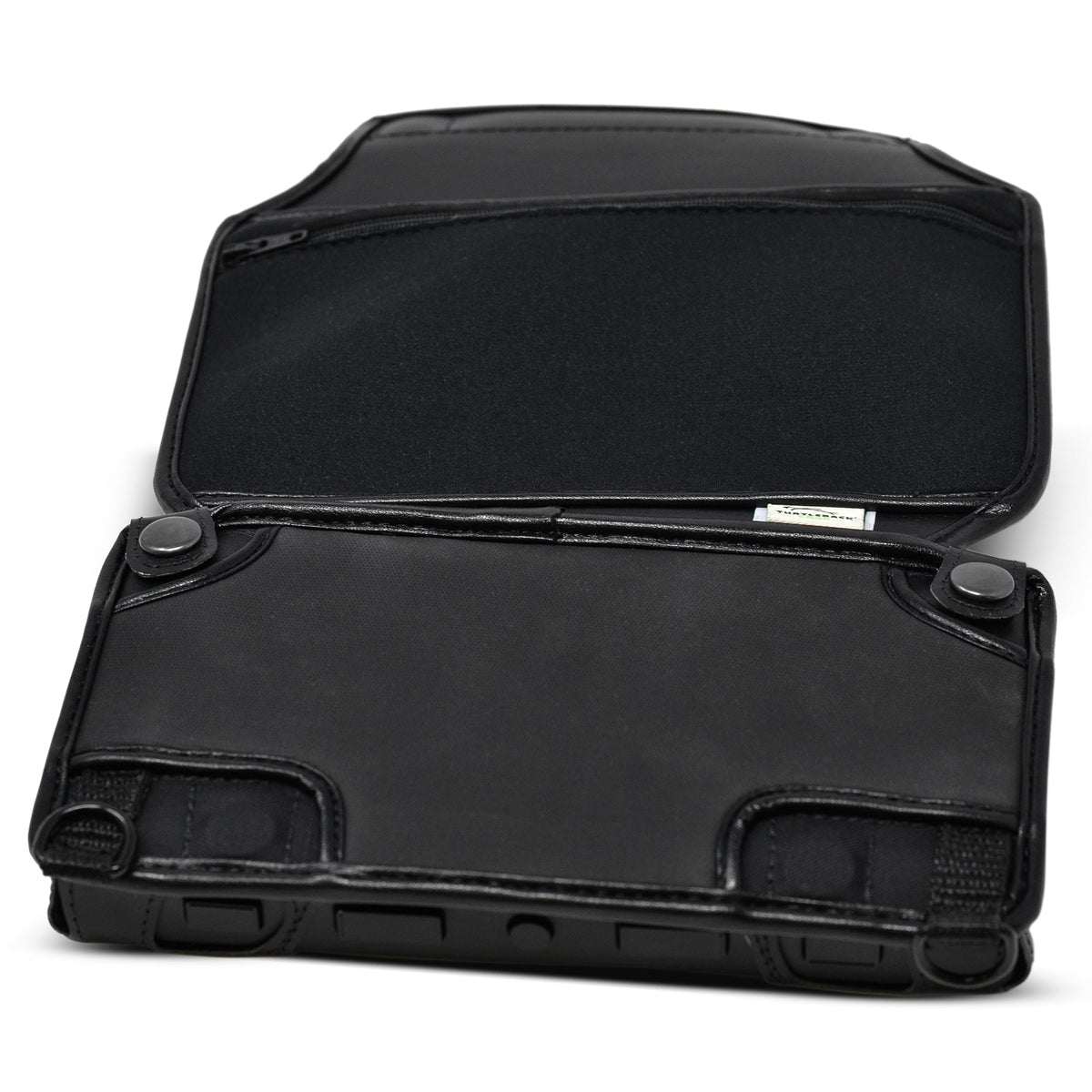 Brailliant BI 20X case opened from the back, showing its black protective flap, snap-fastened leather edges and open front button area.