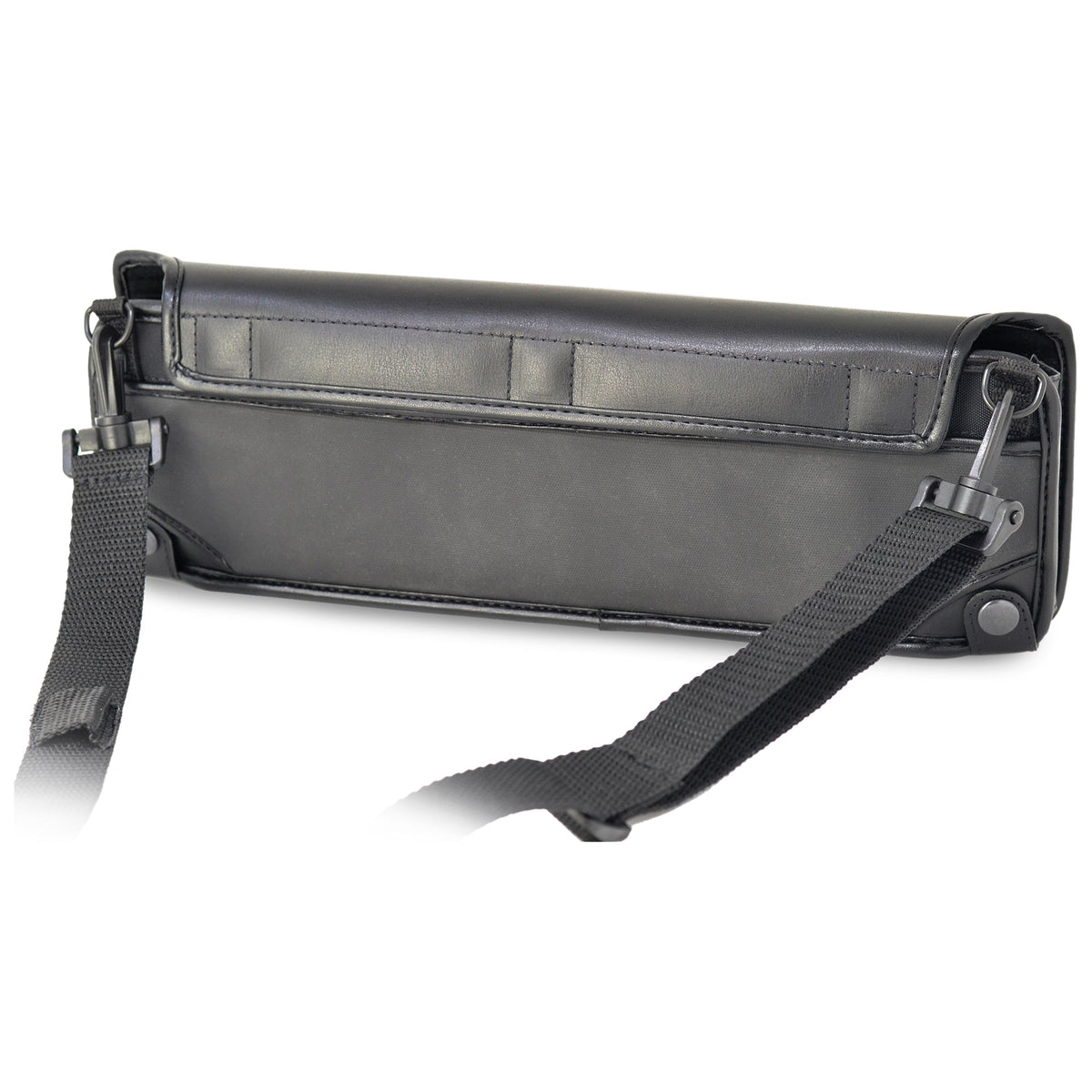 Angled back view of the Brailliant BI 40X case with its adjustable black carrying strap clipped to rings at both ends.