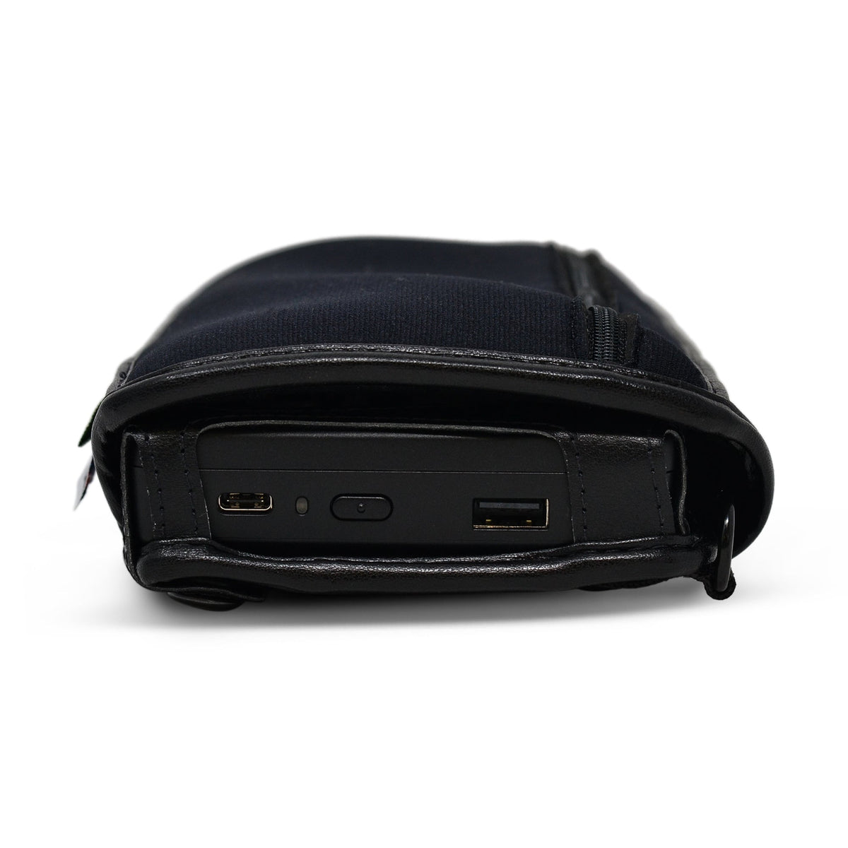 Opposite side of the fitted Brailliant BI 20X case, with its black flap resting above the device's USB-C port and USB-A port.