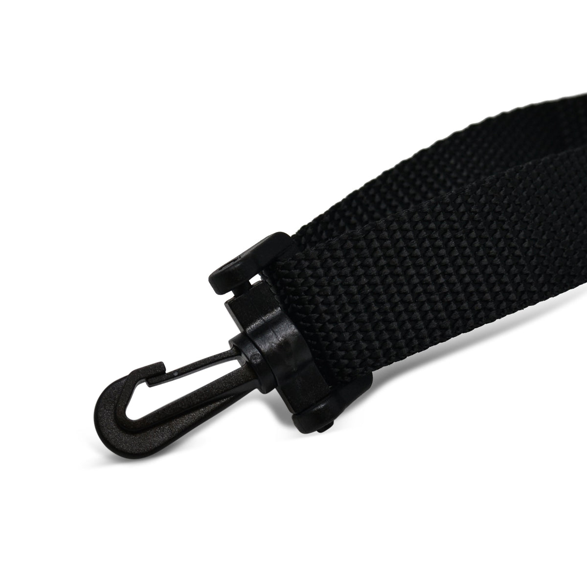 Close-up of the black woven strap and plastic swivel clip supplied with the Brailliant BI 20X case.