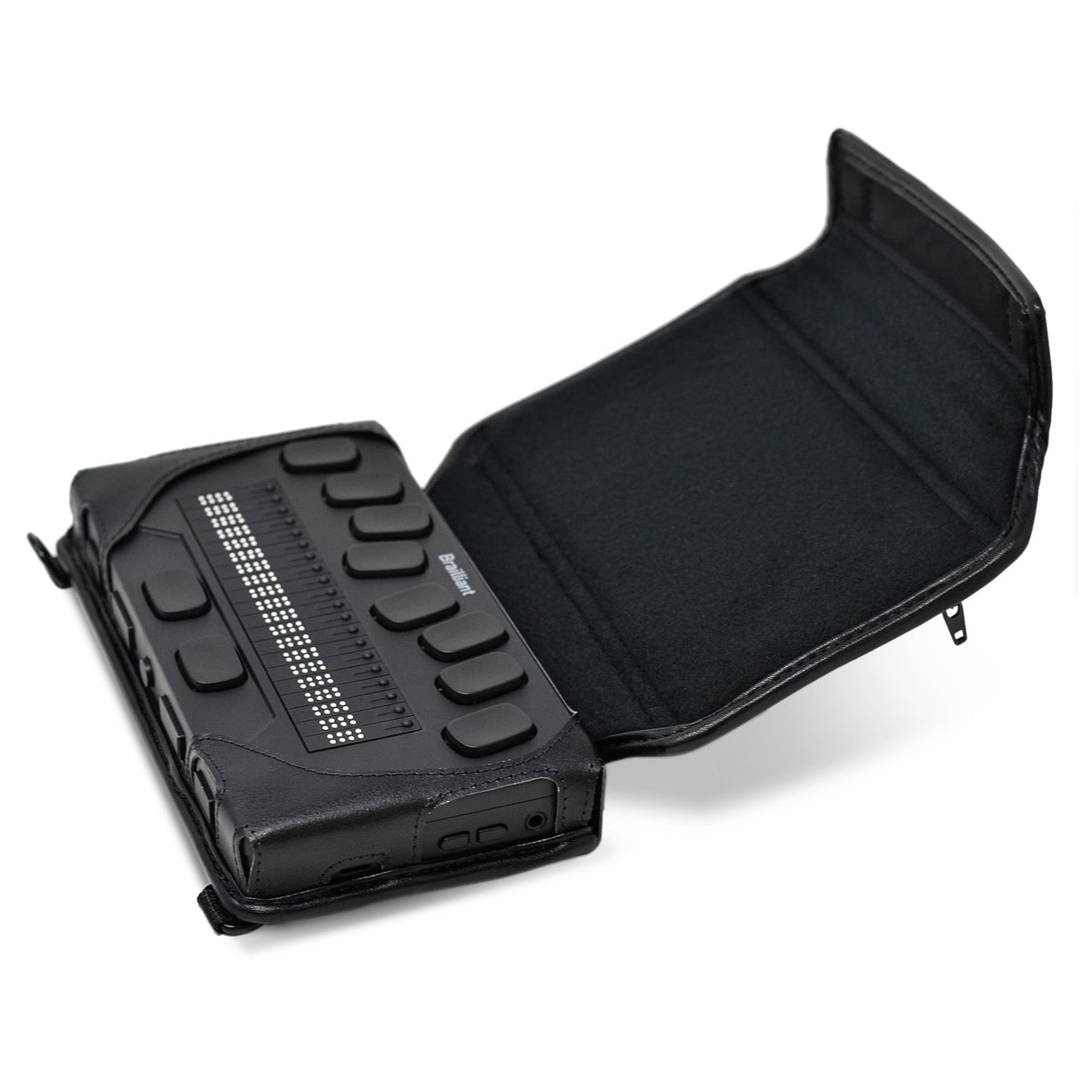Brailliant BI 20X braille display in its open black leather case, protective flap unfolded to expose braille cells and front buttons.