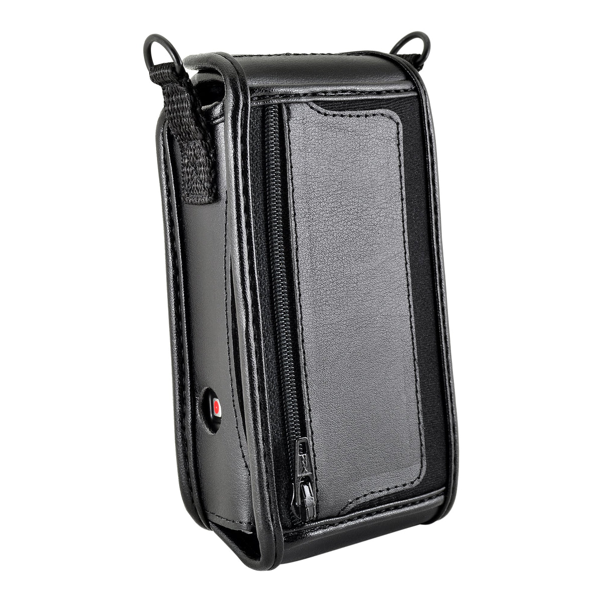 Back and side of the Victor Reader Trek case, with zipped accessory pocket, leather panel and carrying strap rings.