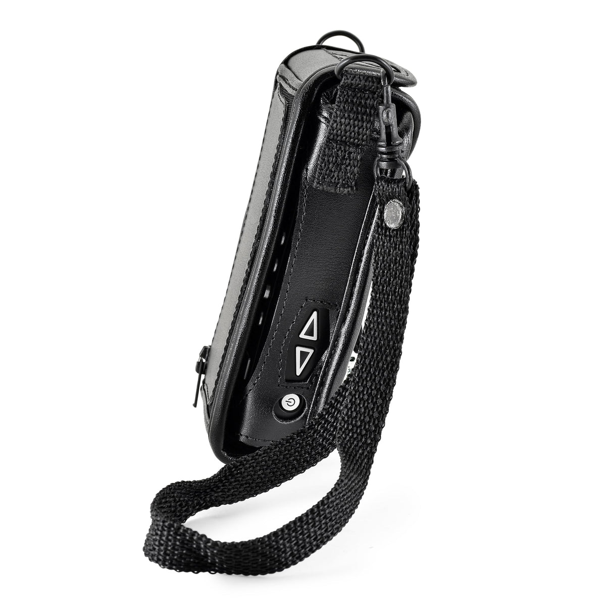 Side of the Victor Reader Trek case showing raised triangular volume controls, round power button and shoulder strap clip.