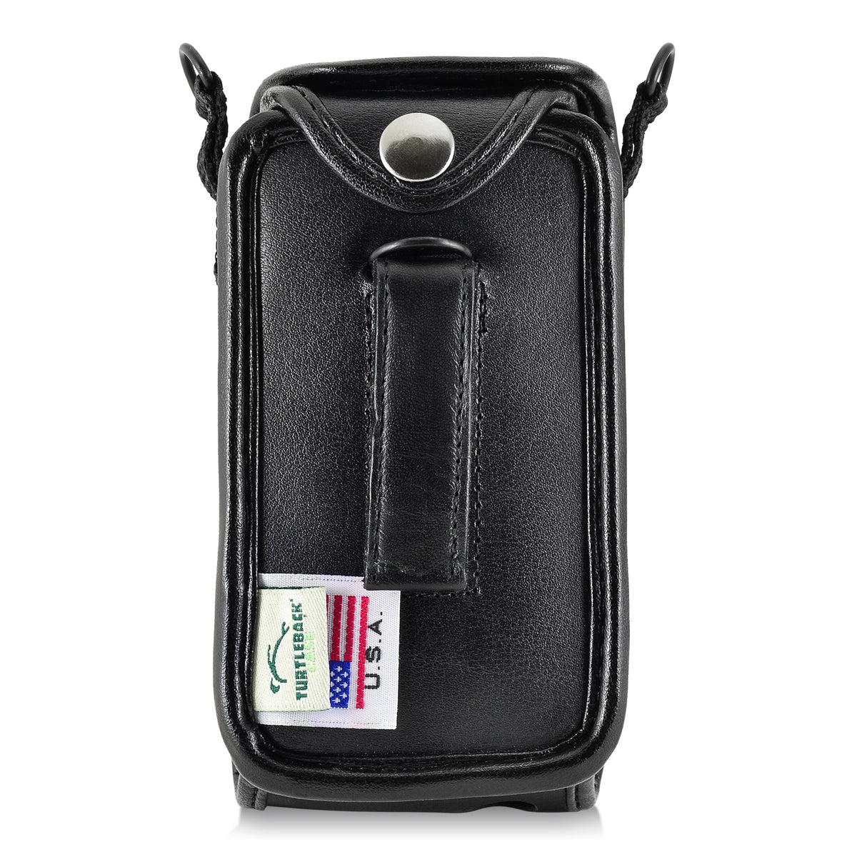 Back of the Victor Reader Trek case, showing the stitched leather belt clip, metal snap closure and Turtleback USA label.