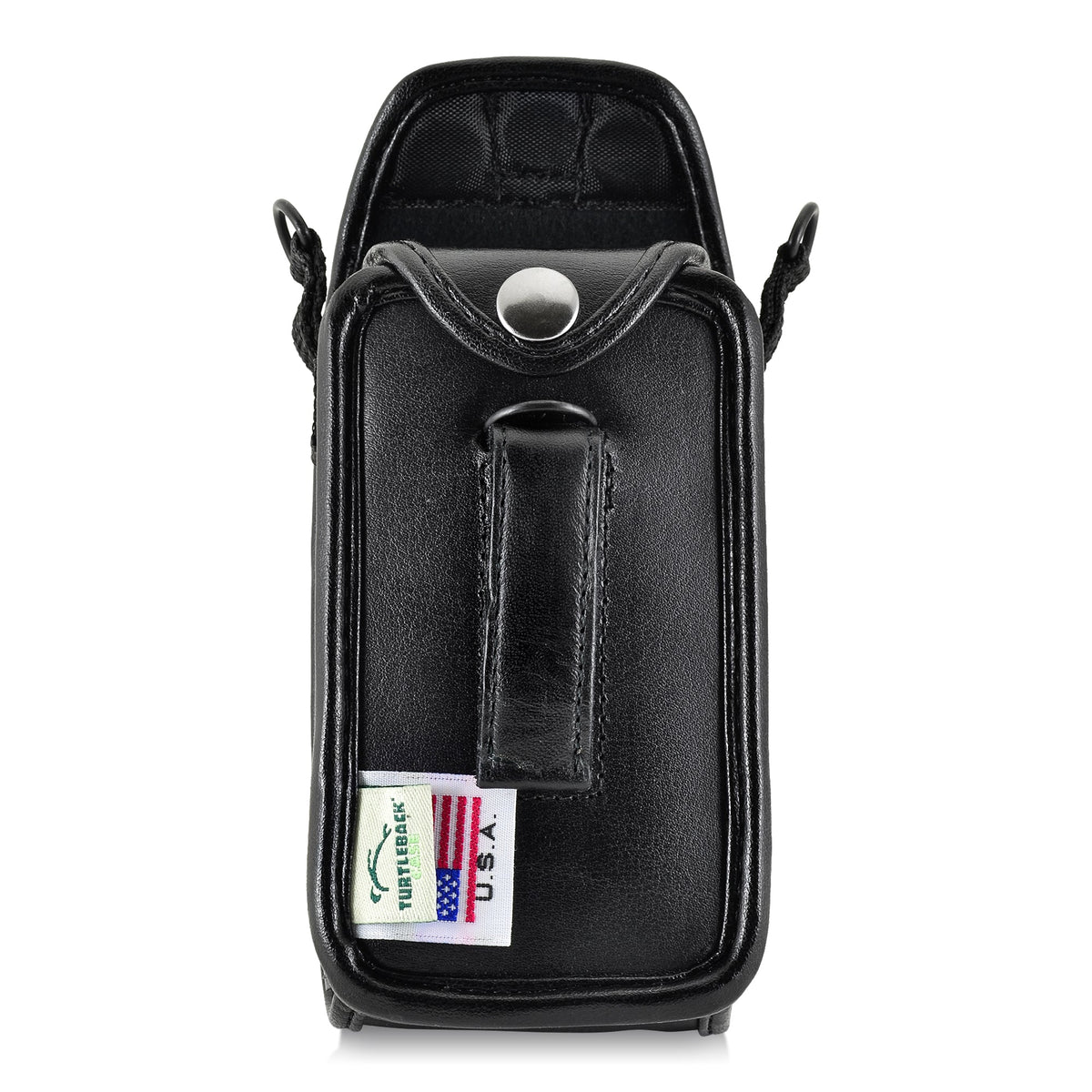 Rear of the Victor Reader Trek case with upper protective flap folded back, revealing the fabric lining and belt clip.