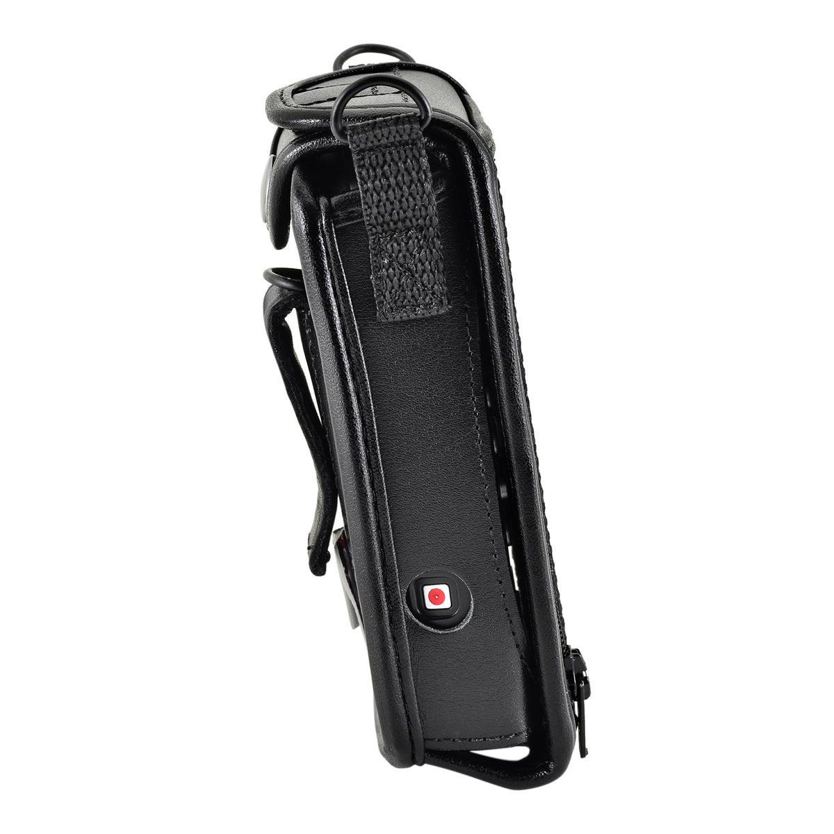 Opposite side of the Victor Reader Trek fitted case showing a red-and-white side button and metal shoulder strap ring.