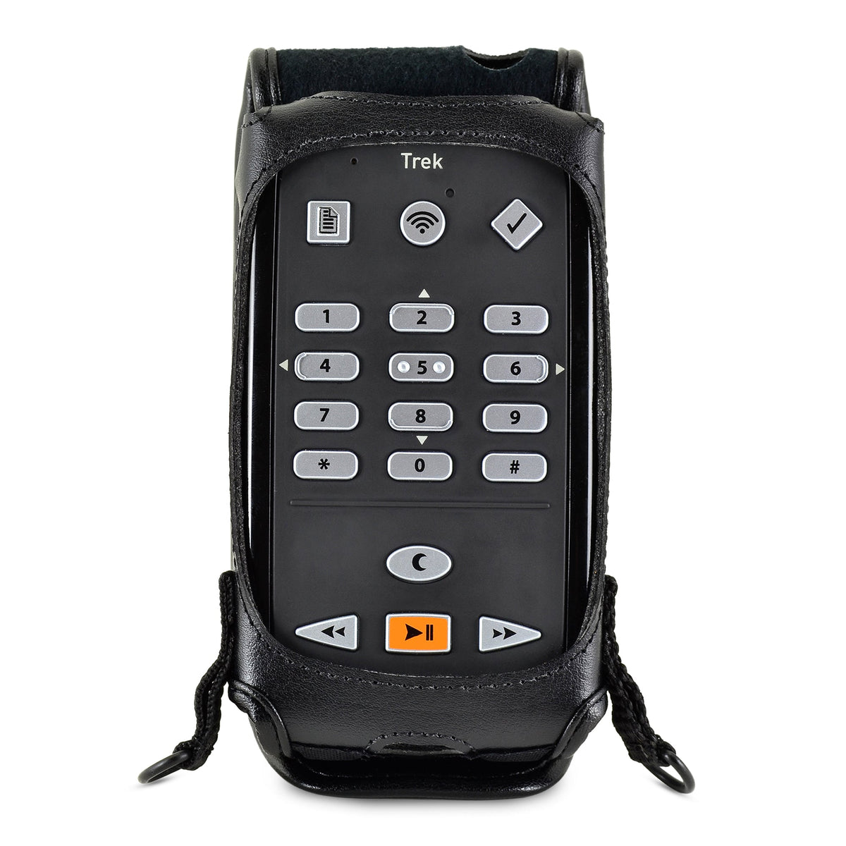 HumanWare Victor Reader Trek in its black fitted Turtleback case, with full keypad and orange play/pause button unobstructed by the leather edges.