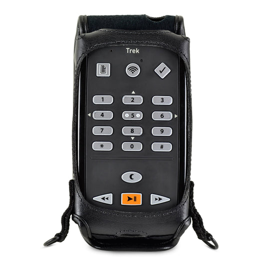 HumanWare Victor Reader Trek in its black fitted Turtleback case, with full keypad and orange play/pause button unobstructed by the leather edges.