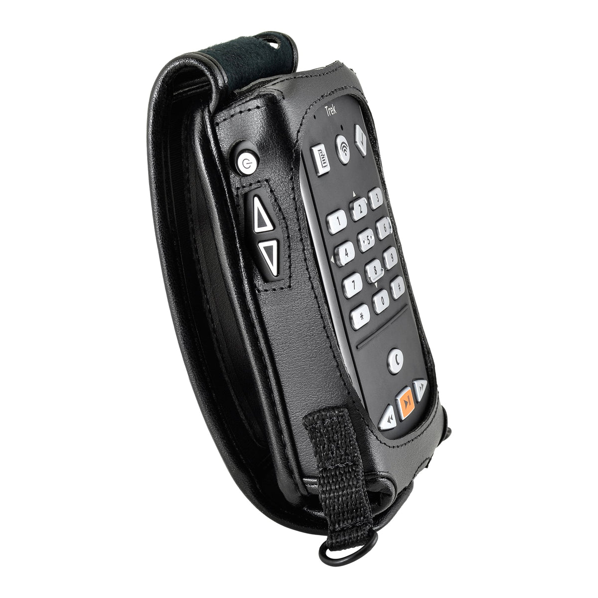 Angled front view of Victor Reader Trek in its open fitted case, showing accessible numeric keypad, orange playback control and left-side volume keys.